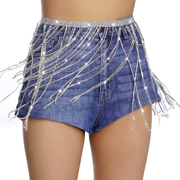 Silver Rhinestone Waist Chain Belt for Women, Festive Body Jewelry - Picture 6 of 7